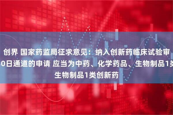 创界 国家药监局征求意见：纳入创新药临床试验审评审批30日通道的申请 应当为中药、化学药品、生物制品1类创新药